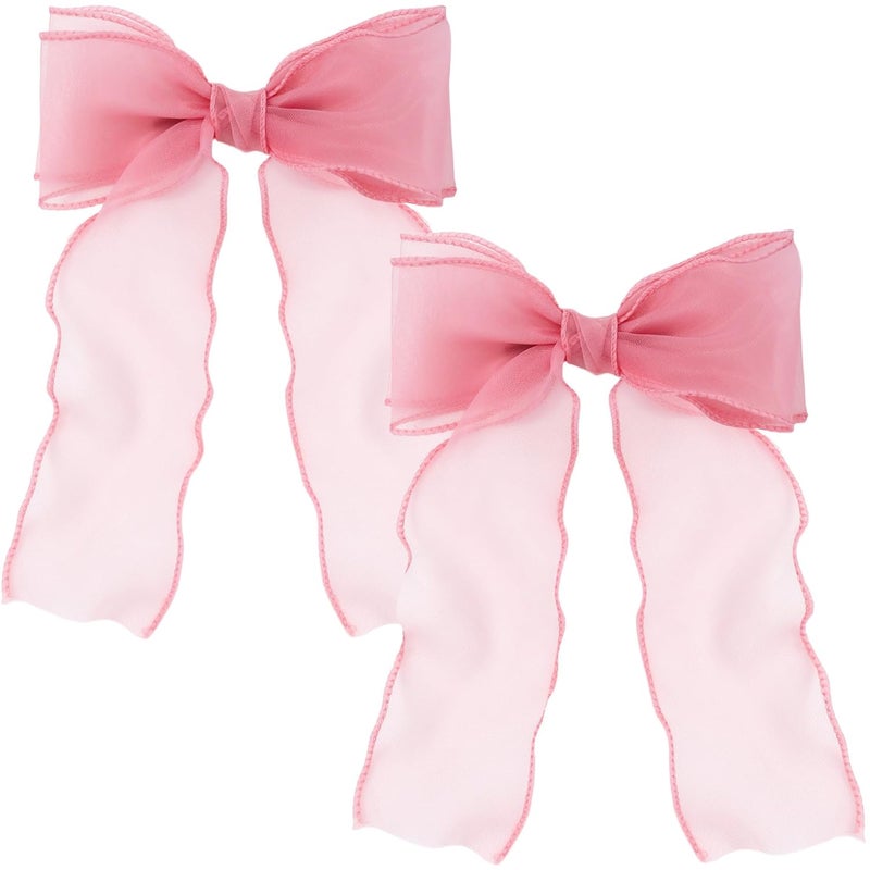 STSTR 2pcs Large Hair Bow Clips, Pink Red Silk Yarn Ribbon Bow Hair Barrette for Women, Elegant Long Tail Bowknot French Hair Accessories for Wedding, Parties, Festivals - Image 1